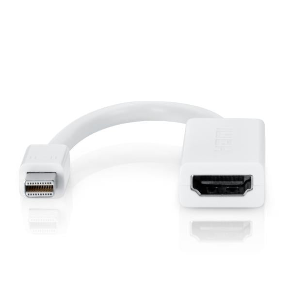 White adapter cable with mini displayport on one end and HDMI on the other, on a white background.