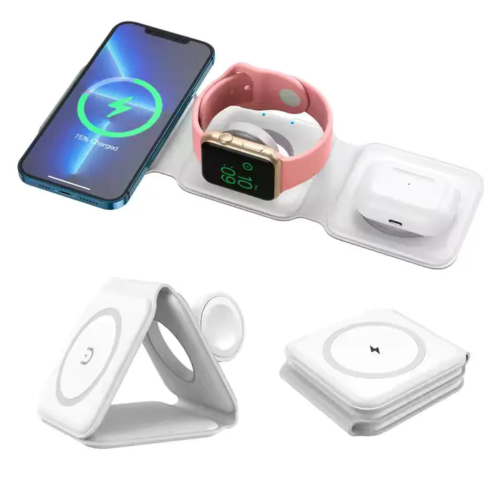 3 in 1 15W fast wireless magnetic charging pad showing its foldable triangular stand layout, multi-device power docks for smartphone, watch, and earbuds