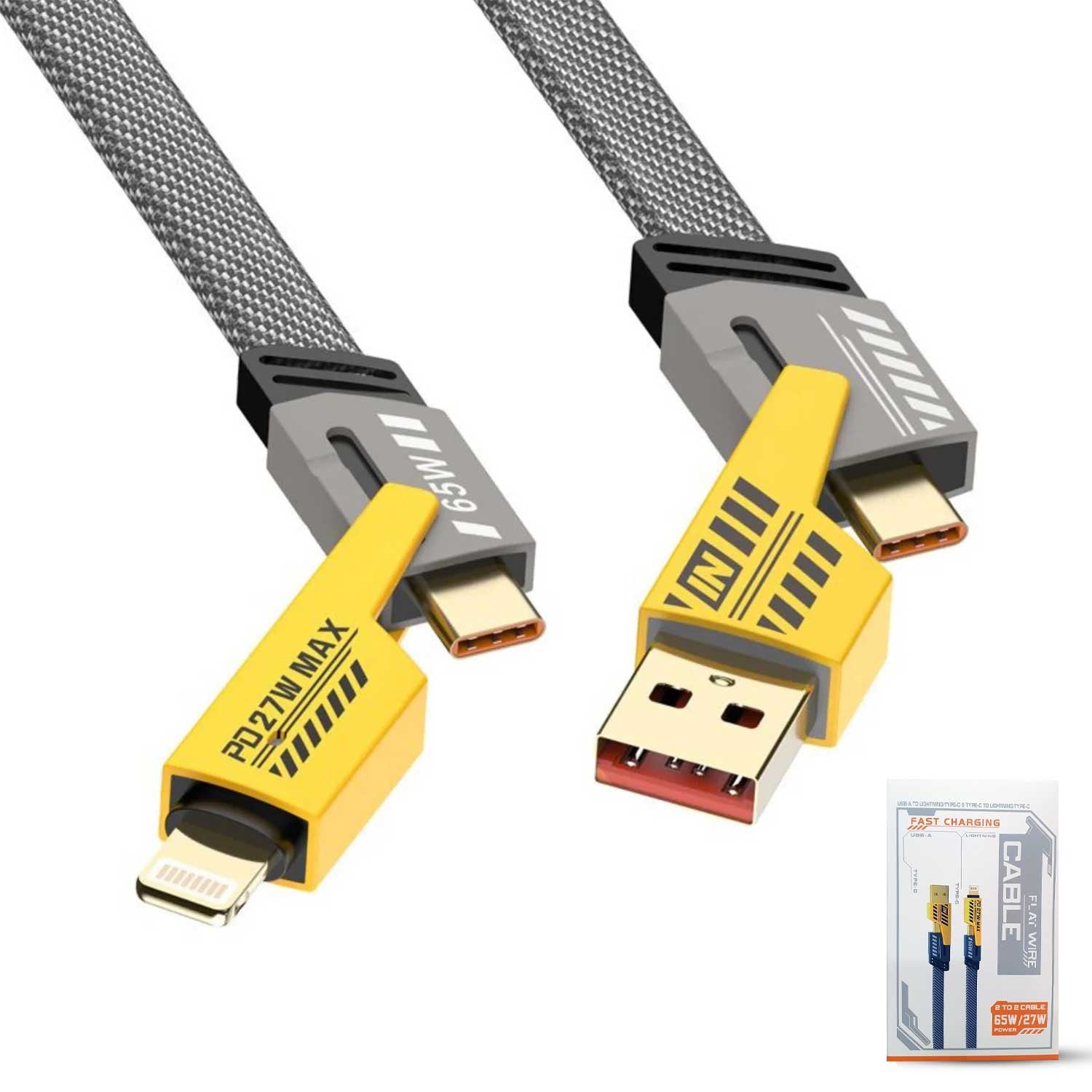 4 in 1 multi USB PD charging cable highlighting its interchangeable zinc alloy port snap design, heavy-duty flat parachute braided nylon finish, and Type-C to Type-C links