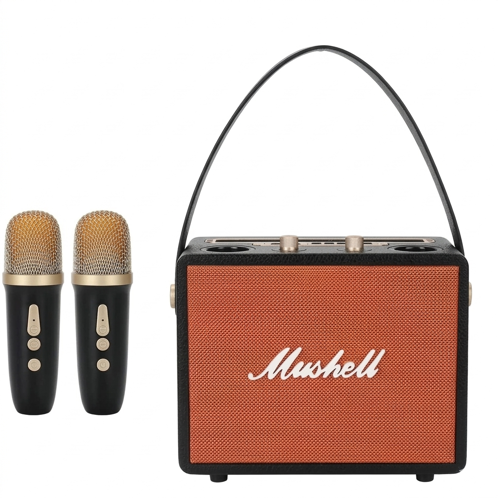 Close-up of the Mushell MA-530 control panel showing Bluetooth, volume, and echo adjustment dials
