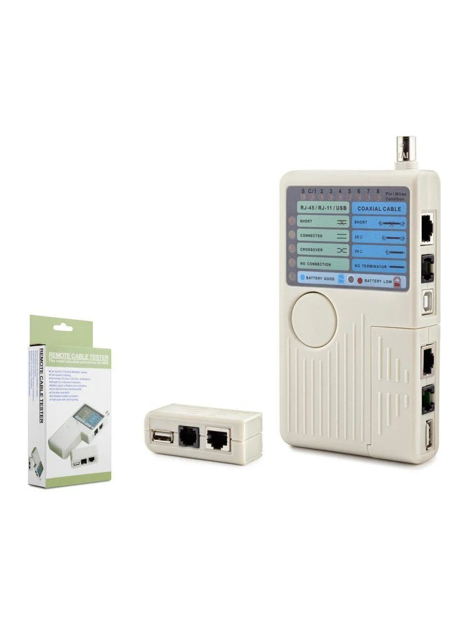 Professional 4-in-1 Network Cable Tester for RJ45 LAN, RJ11 Phone, USB, and BNC Coaxial troubleshooting