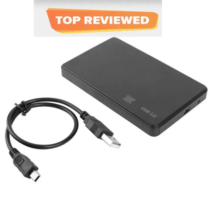 Black external hard drive with USB cable on a white background, labeled 'Top Reviewed'.