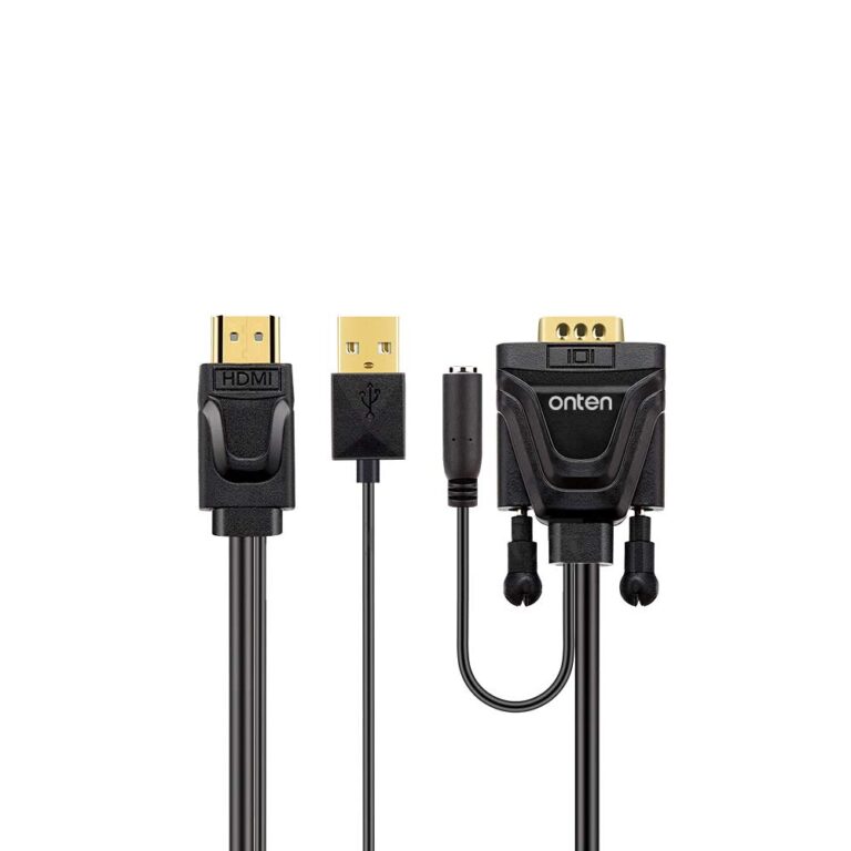Close-up of the ONTEN gold-plated HDMI and VGA connectors with audio jack
