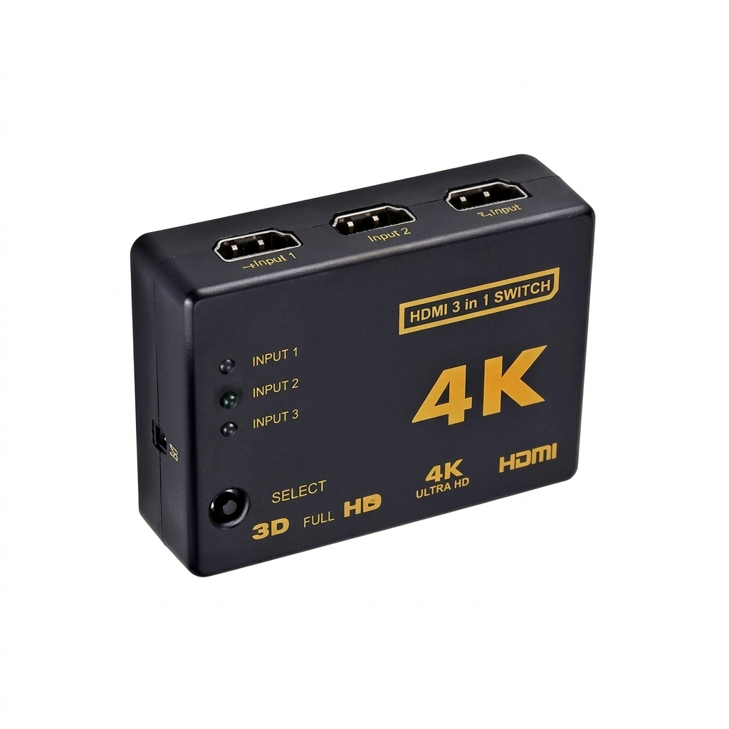 Close-up of the ONTEN OTN-7593 infrared remote control and three HDMI input ports