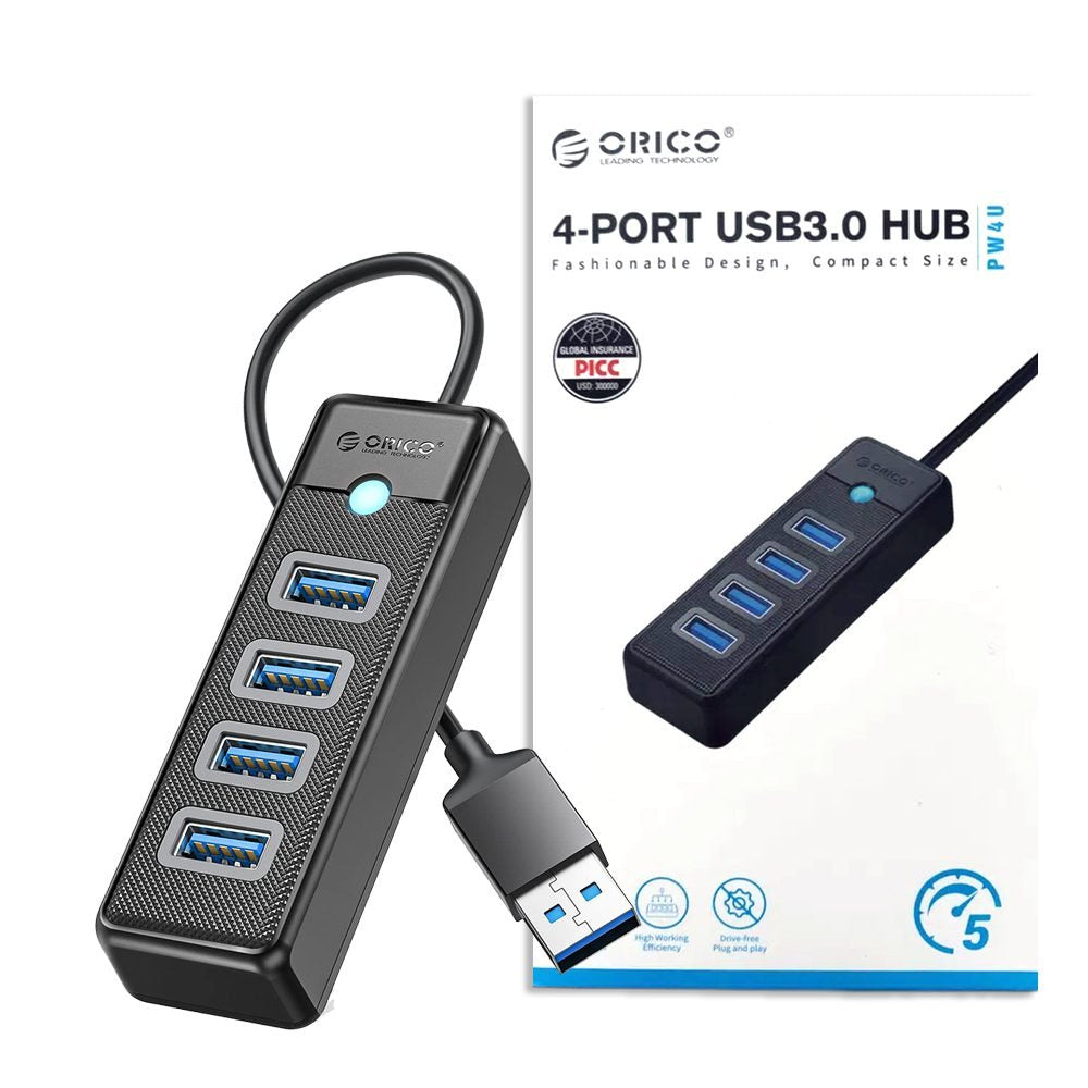 PW4U ORICO 4-Port USB 3.0 Hub with 5Gbps high-speed data transfer for laptops, PCs, and gaming consoles