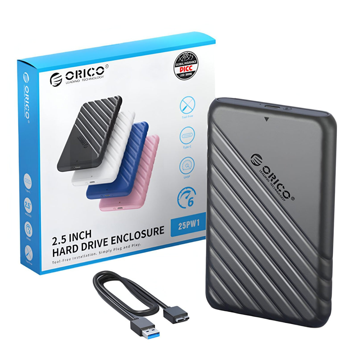 Orico hard drive enclosure with packaging and USB cable on a white background