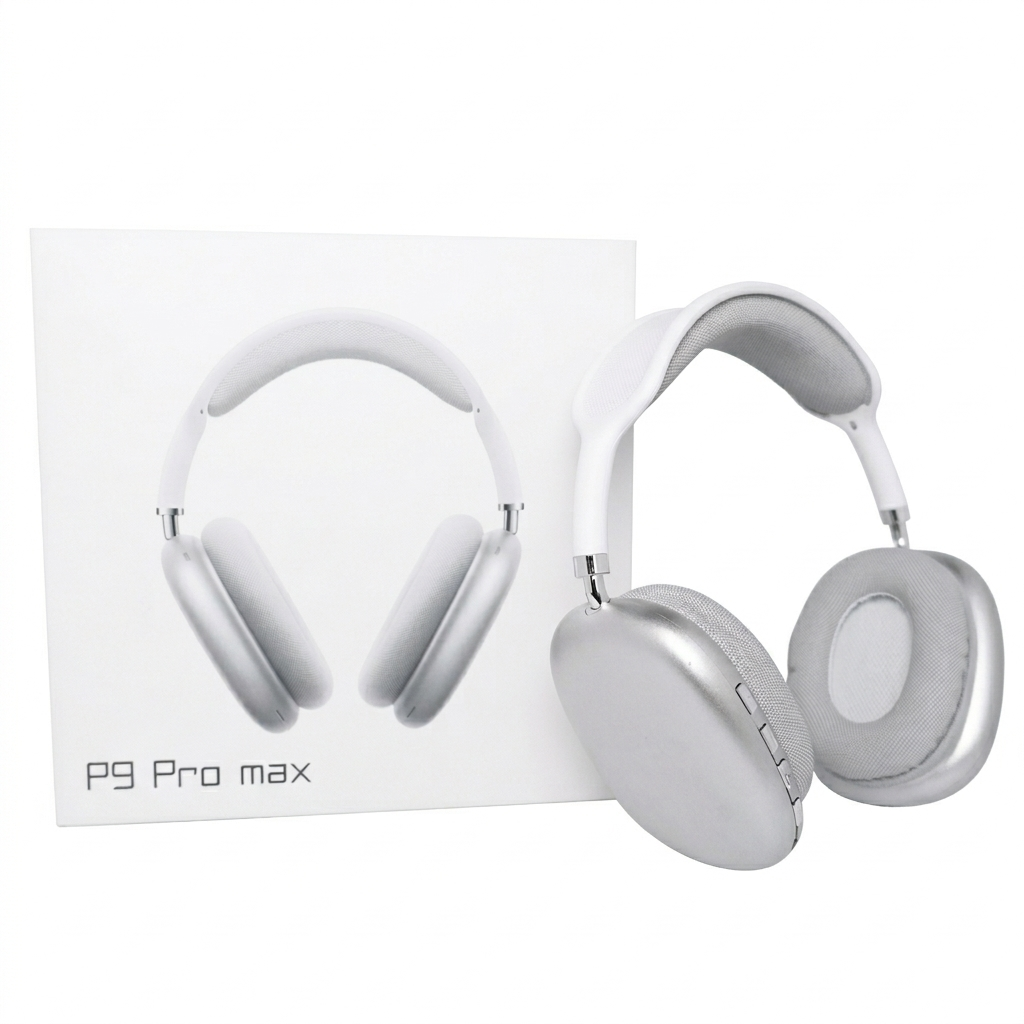 Close-up of the P9 Pro Max comfortable ear cushions and Bluetooth control interface