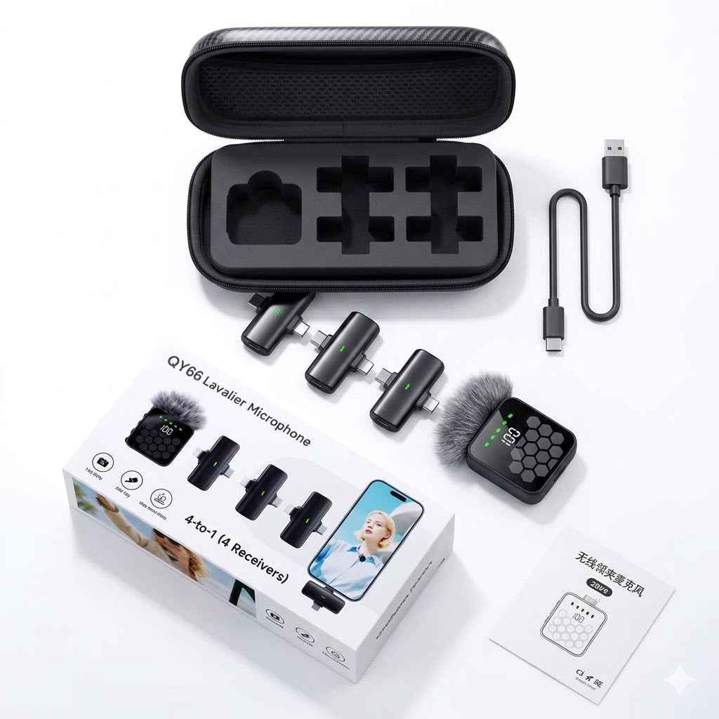 QY66 Wireless Lavalier Microphone with 4 Receivers Noise-Canceling Technology Type C & Lightning Connector