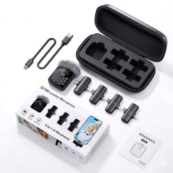 QY66 Wireless Lavalier Microphone with 4 Receivers Noise-Canceling Technology Type C & Lightning Connector