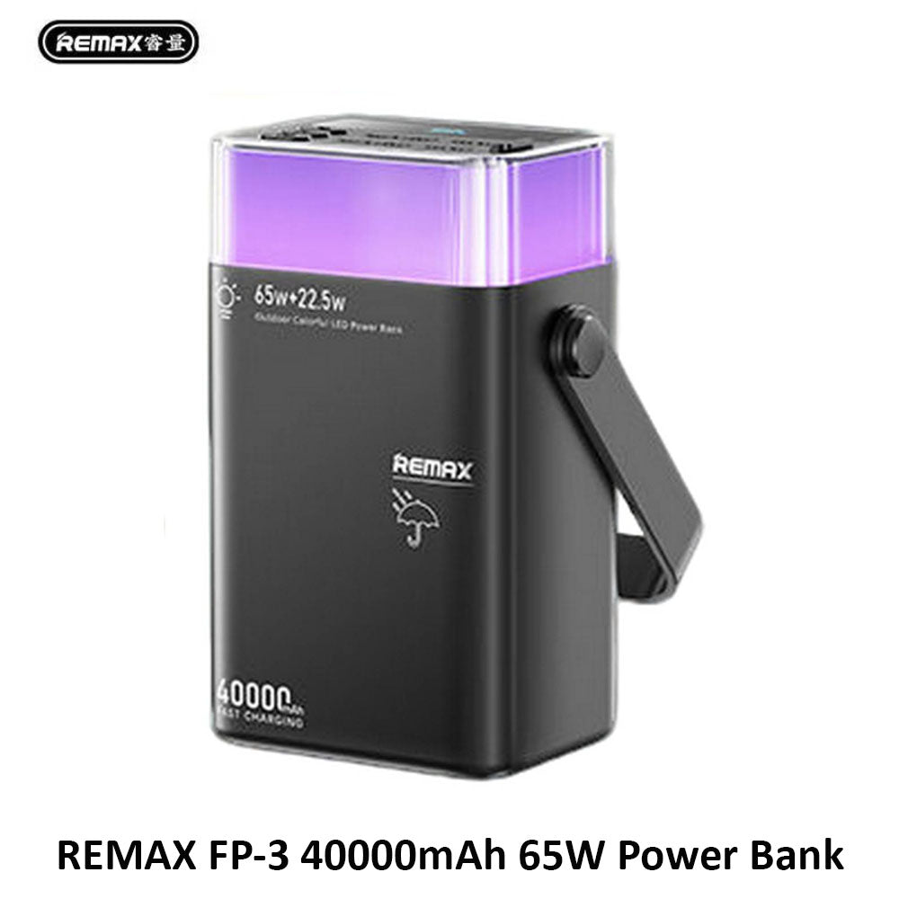 Close-up of the 65W fast-charging ports and LED interface on the REMAX FP-3