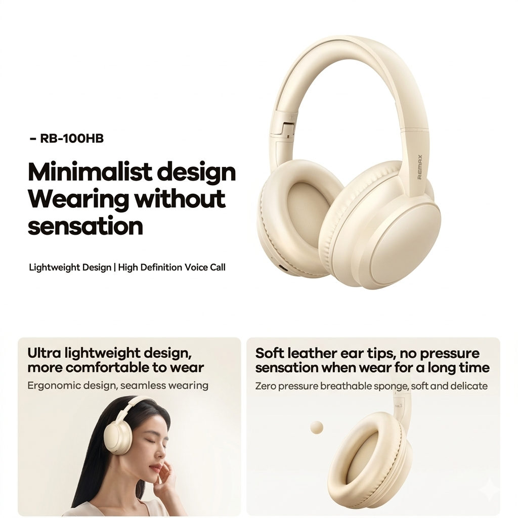 Close-up of the beige headband texture and ear cushion detailing on the REMAX RB-100HB