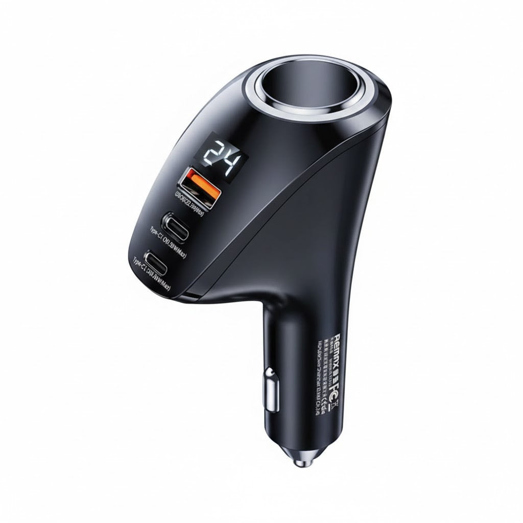 Close-up of the triple charging ports (2 USB-C, 1 USB-A) on the REMAX RCC339