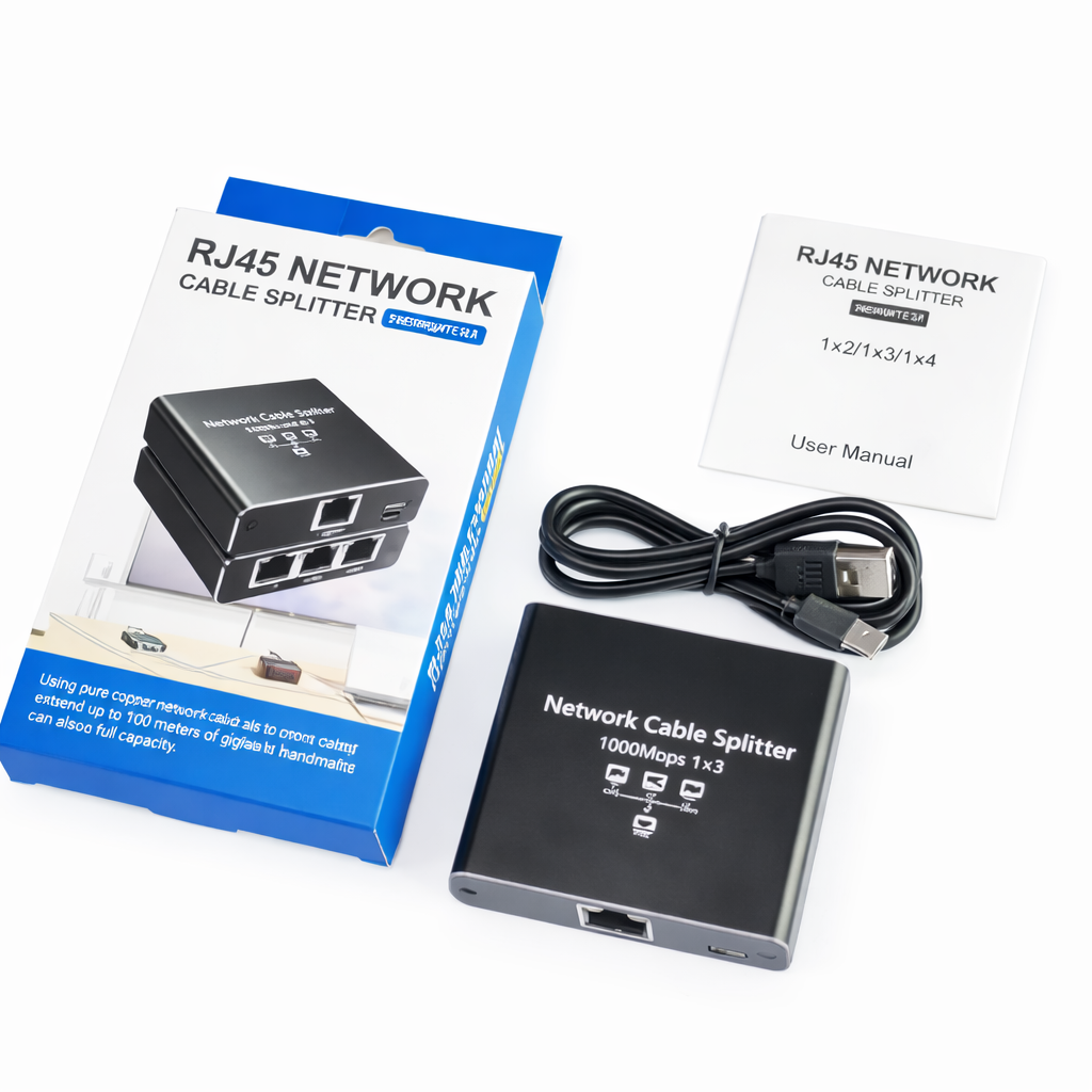 RJ45 network cable splitter kit shown with its blue and white retail box, a black Ethernet cable, and a white user manual on a clean white background.