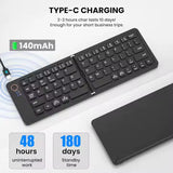 B023 11-inch foldable Bluetooth keyboard featuring a slim foldable design, scissor-switch keys, and device stand for mobile productivity
