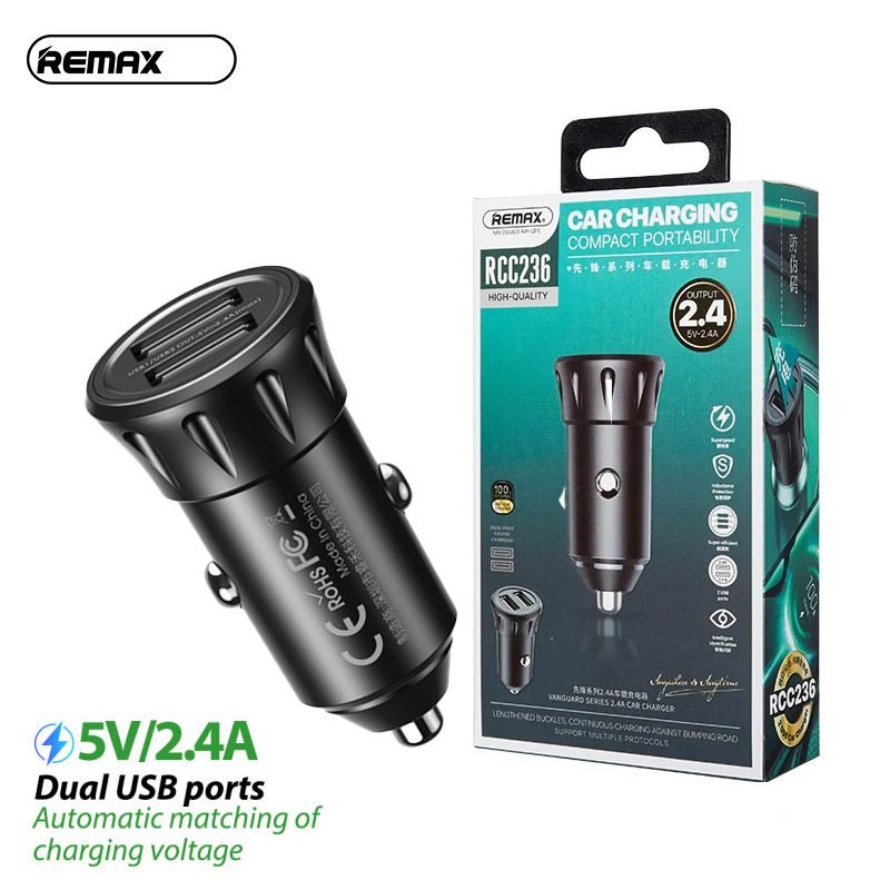 Remax RCC-236 Vanguard Series car charger showing its ultra-compact dual USB port layout, sturdy side contact springs, and premium ABS+PC casing