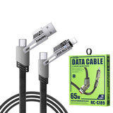 Remax RC-C189 65W 4-in-1 multi-functional data cable highlighting its interchangeable 2-in-2 USB and Type-C connector heads, rugged flat braided design, and custom aluminum tips