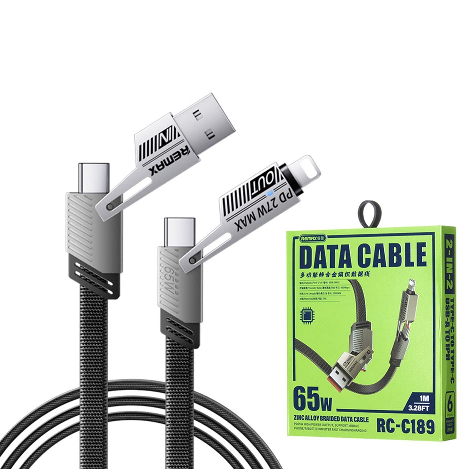 Remax RC-C189 65W 4-in-1 multi-functional data cable highlighting its interchangeable 2-in-2 USB and Type-C connector heads, rugged flat braided design, and custom aluminum tips
