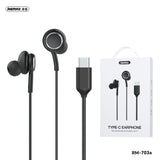 REMAX RM-703A Type-C wired handfree featuring 360° surround sound, digital analyzer chip, and comfortable ergonomic design for professional use