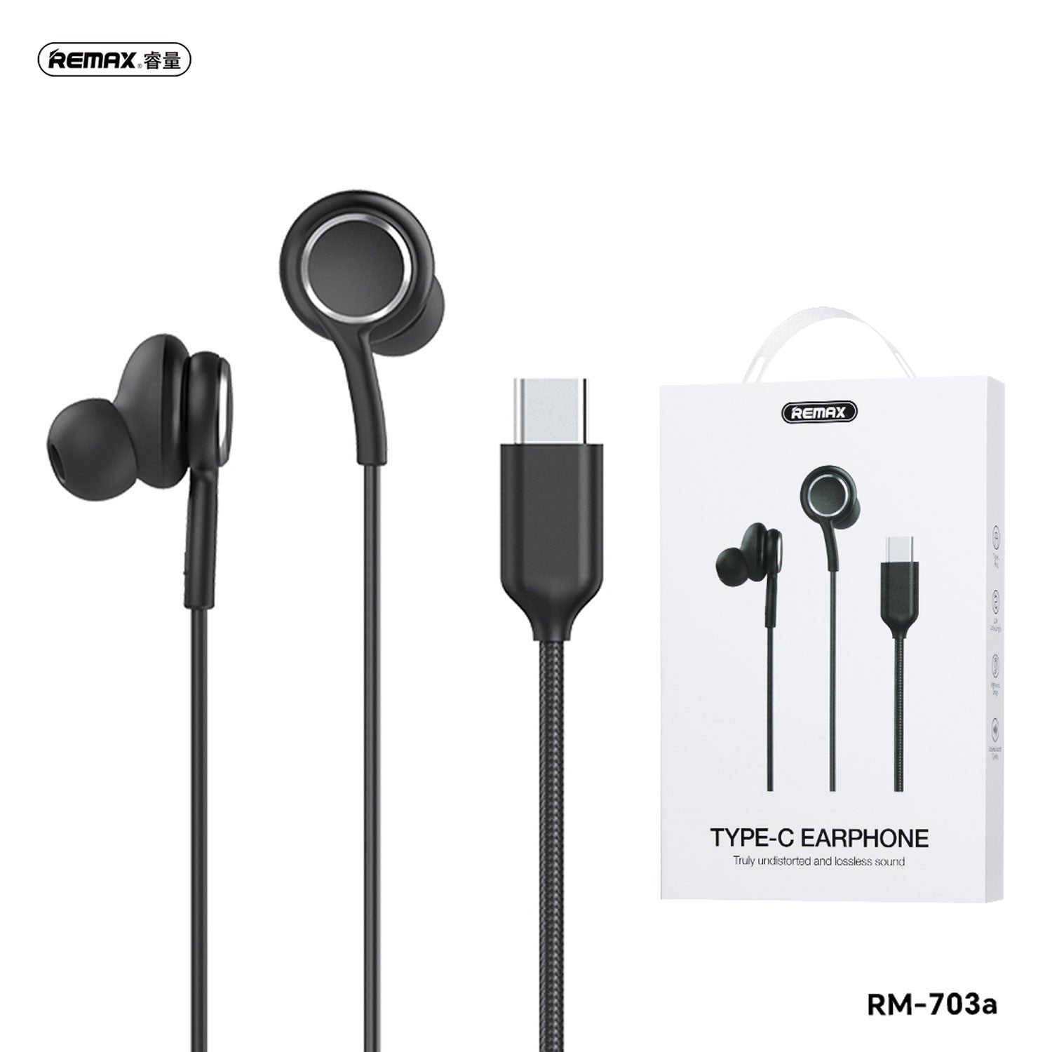 REMAX RM-703A Type-C wired handfree featuring 360° surround sound, digital analyzer chip, and comfortable ergonomic design for professional use