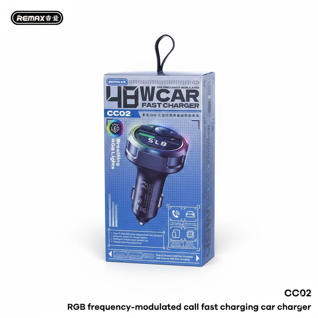 REMAX CC02 48W RGB Frequency Modulated Call Fast Car Charger with Bluetooth FM Transmitter