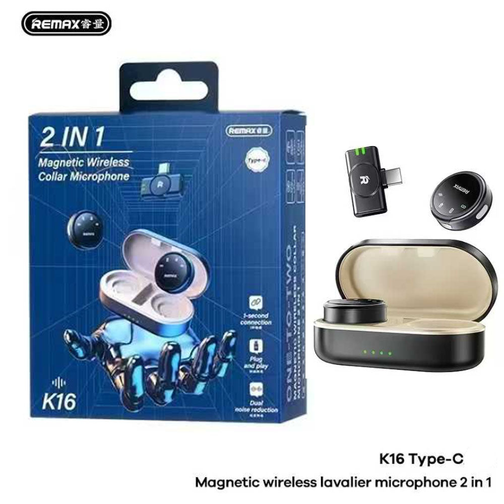 Remax K16 2in1 ANC Magnetic Wireless Lavalier Microphone with Noise Reduction