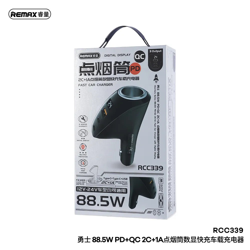 REMAX RCC339 Warriors Series 88.5W PD and QC 2C+1A Fast Car Charger with Digital Display