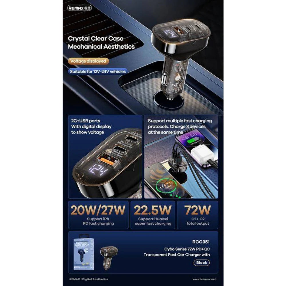 REMAX RCC351 Cybo Series 72W PD and QC 1A+2C Transparent Fast Car Charger with Digital Display