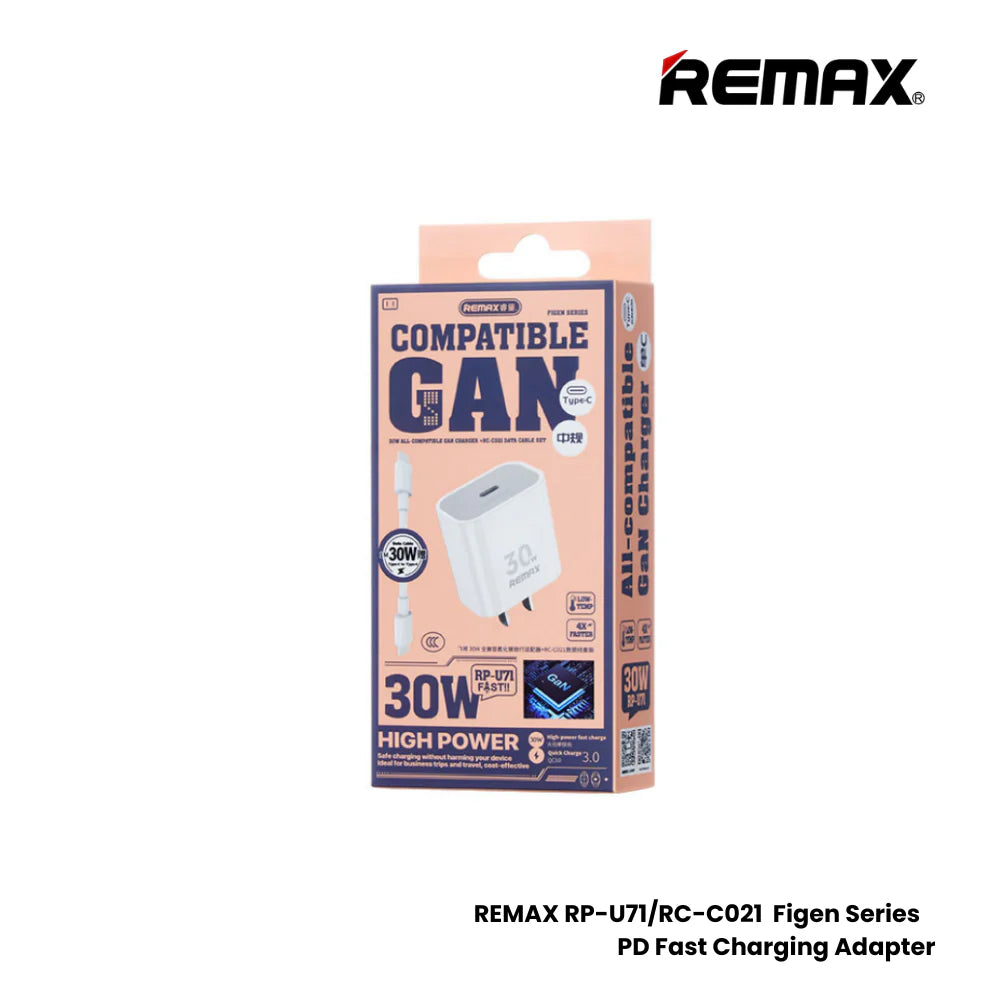 Remax PD fast charging adapter packaging on a white background