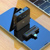 SX8 single professional wireless lavalier microphone showing its ultra-mini 21g lapel transmitter, dual interface Type-C/iPhone receiver, and collar clip