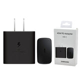 Samsung 45W PD super fast charger wall adapter highlighting its compact US two-pin flat plug design, single high-output USB Type-C connection node, and GaN technology internal core