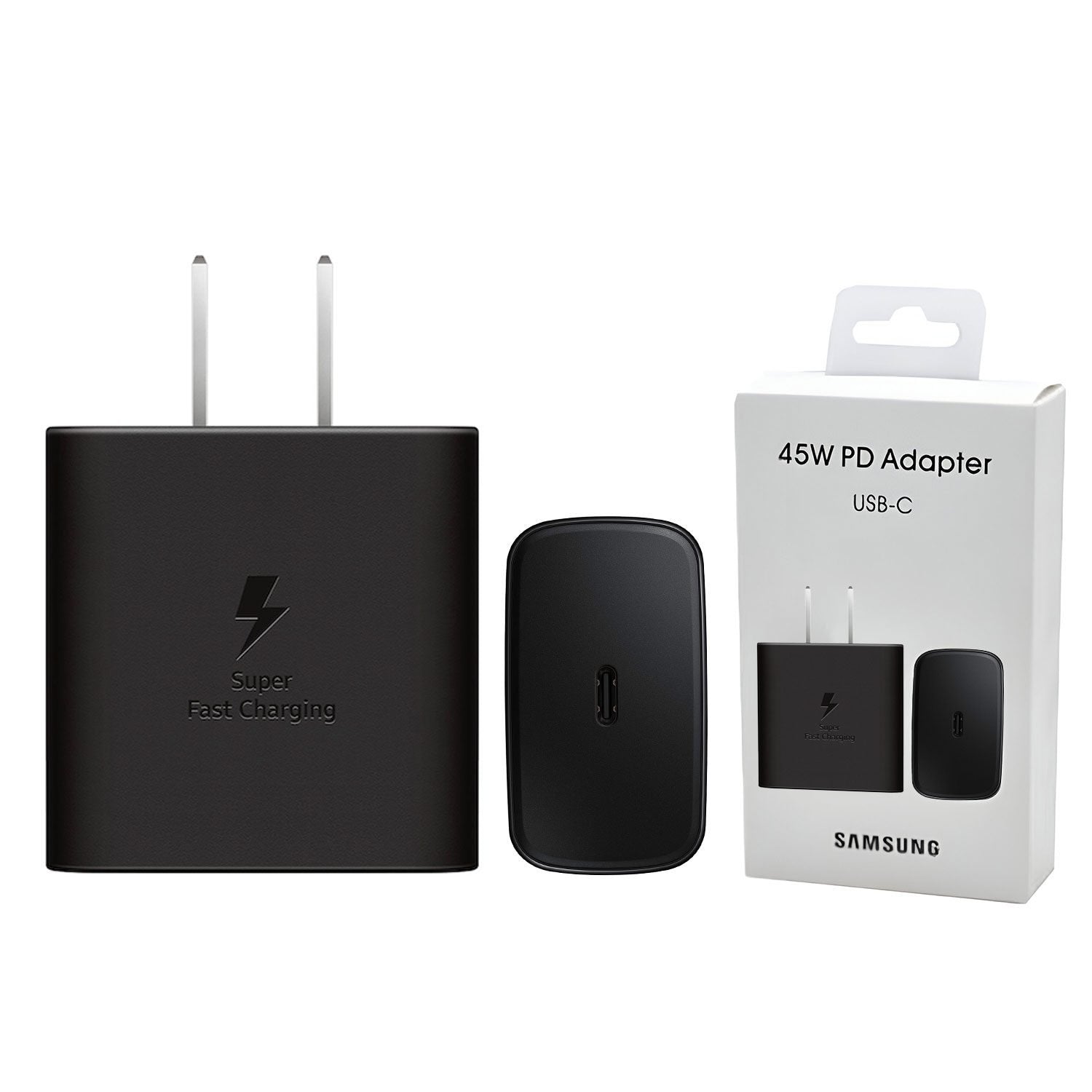 Samsung 45W PD super fast charger wall adapter highlighting its compact US two-pin flat plug design, single high-output USB Type-C connection node, and GaN technology internal core