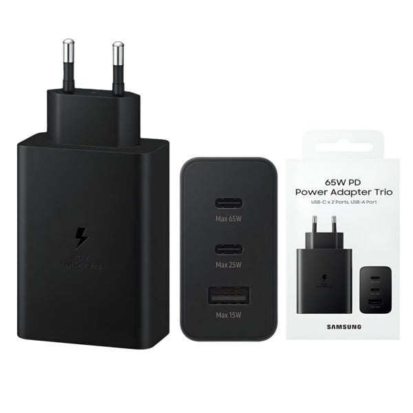 Samsung 65W Trio PD power adapter featuring its standard EU two-pin plug configuration, triple out port matrix with dual Type-C slots and a single USB-A channel, and compact portable casing