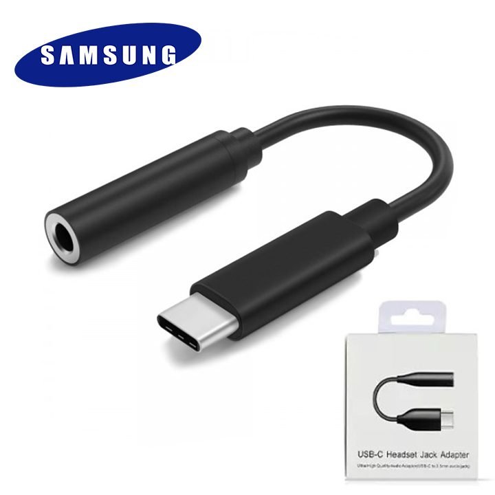 Samsung Type-C to 3.5mm headset jack adapter displaying its compact corrosion-resistant design, Type-C plug interface, and auxiliary audio port