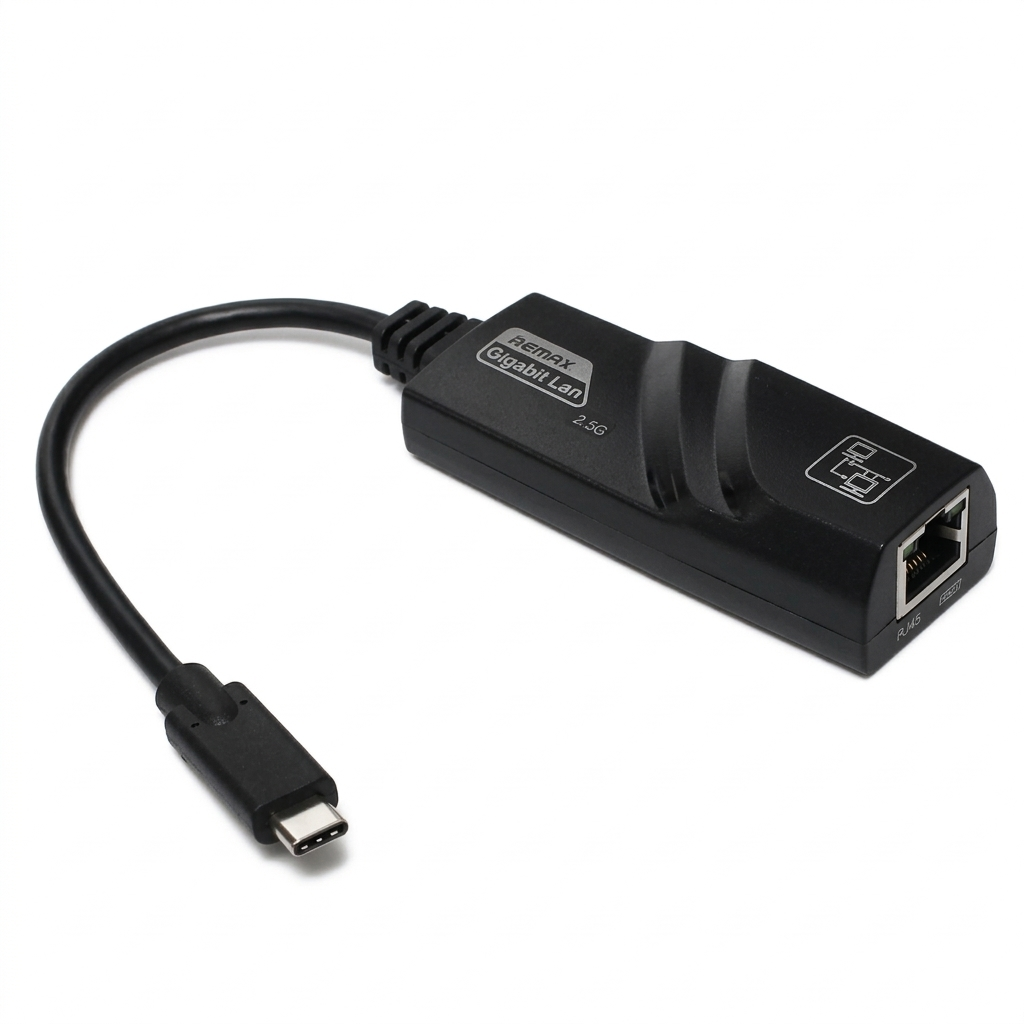 Close-up of USB-C connector and RJ45 Ethernet port on the adapter
