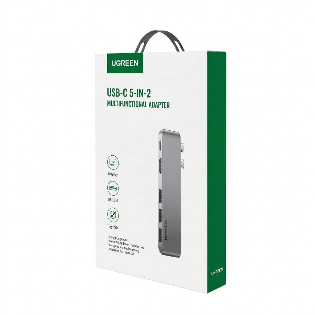 Expand your MacBook's connectivity with the UGREEN CM251 5-in-2 Dual Type-C Hub (60559). Features 4K HDMI, 3x USB 3.0 ports, and 100W PD USB-C pass-through.
