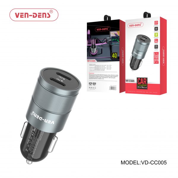 Close-up of the USB-C and USB-A fast charging ports on the VEN DENS car charger