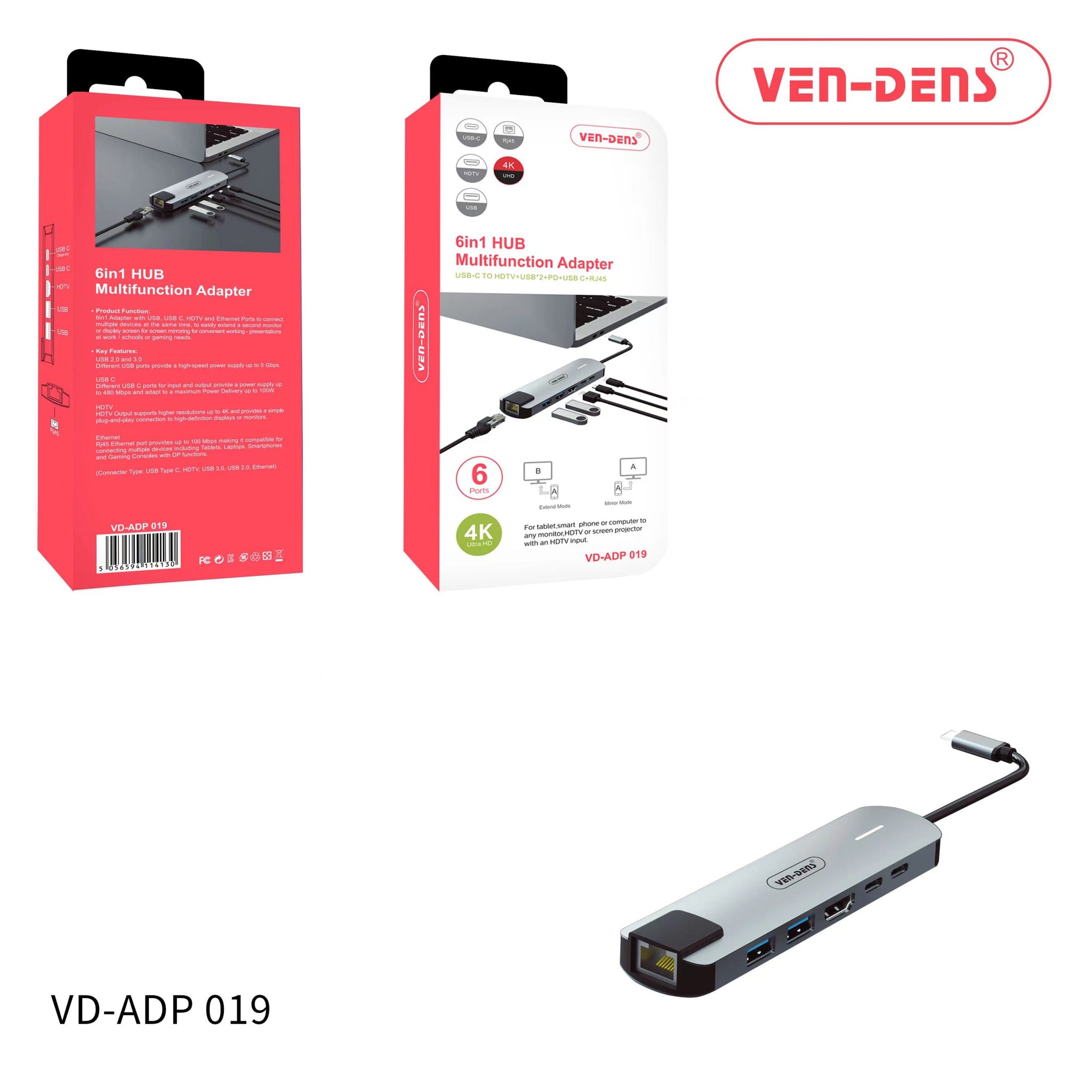 Close-up of ports on Ven Dens VD-ADP 019 multifunction hub