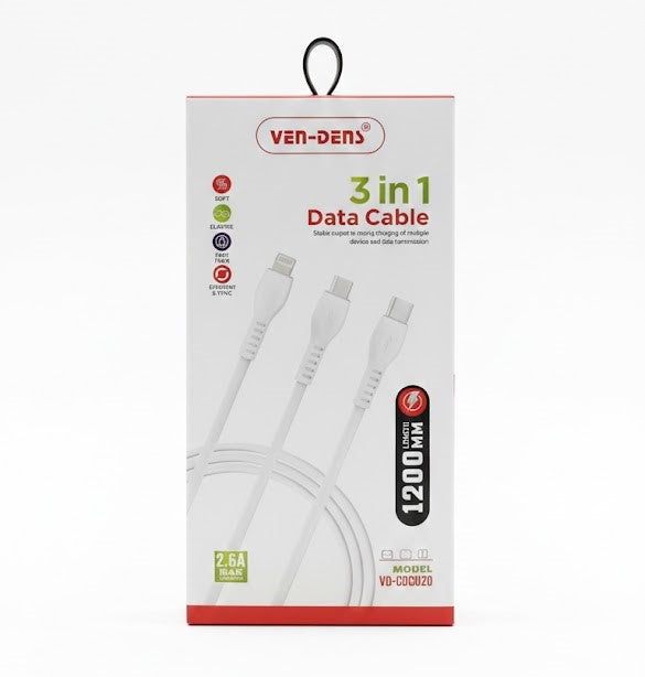 Close-up of the three connectors on the Ven Dens VD-DC0020 cable