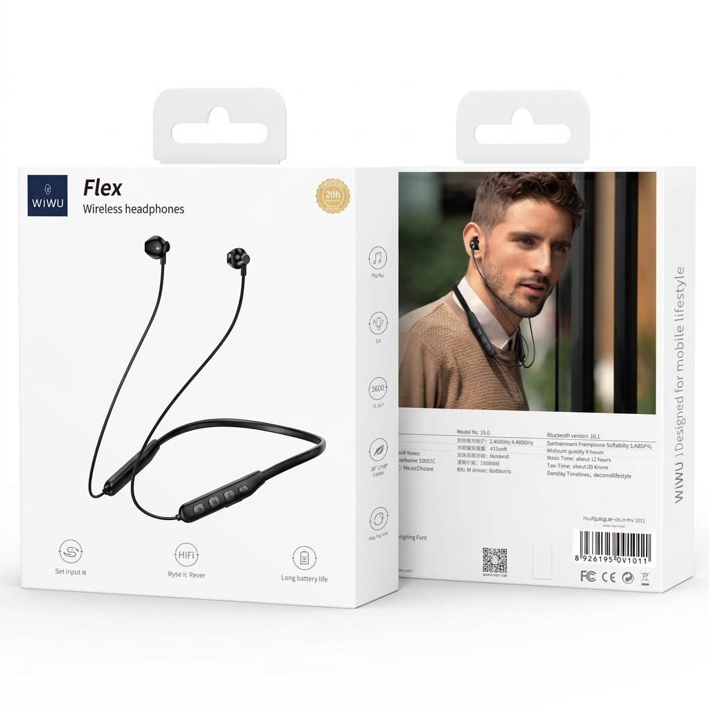 WiWU Flex wireless headphones packaging with a man wearing the headphones on a white background