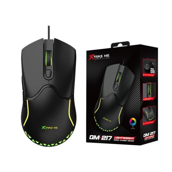 Black gaming mouse with green accents and its packaging on a white background