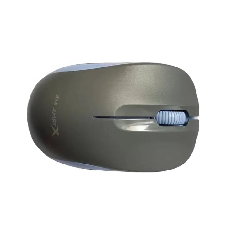 Gray computer mouse with a blue scroll wheel on a white background