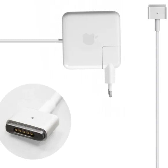 Apple 85W MagSafe 2 T-shape power adapter showing the magnetic T-tip, integrated charging indicator light, and high-conductivity connector interface