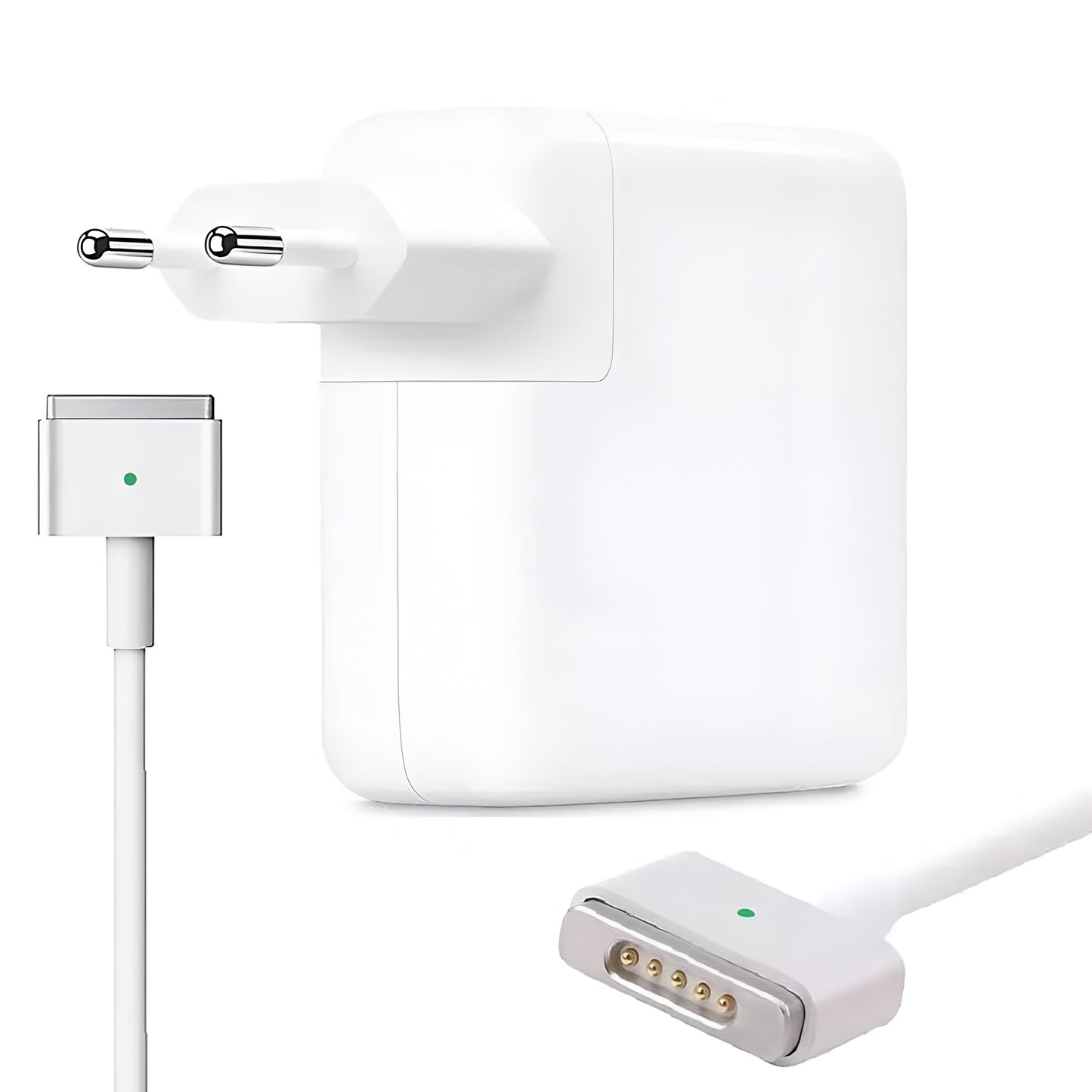 Apple 45W MagSafe 2 T-shape power adapter showing the magnetic T-tip, integrated LED charging light, and cable-wrap base design