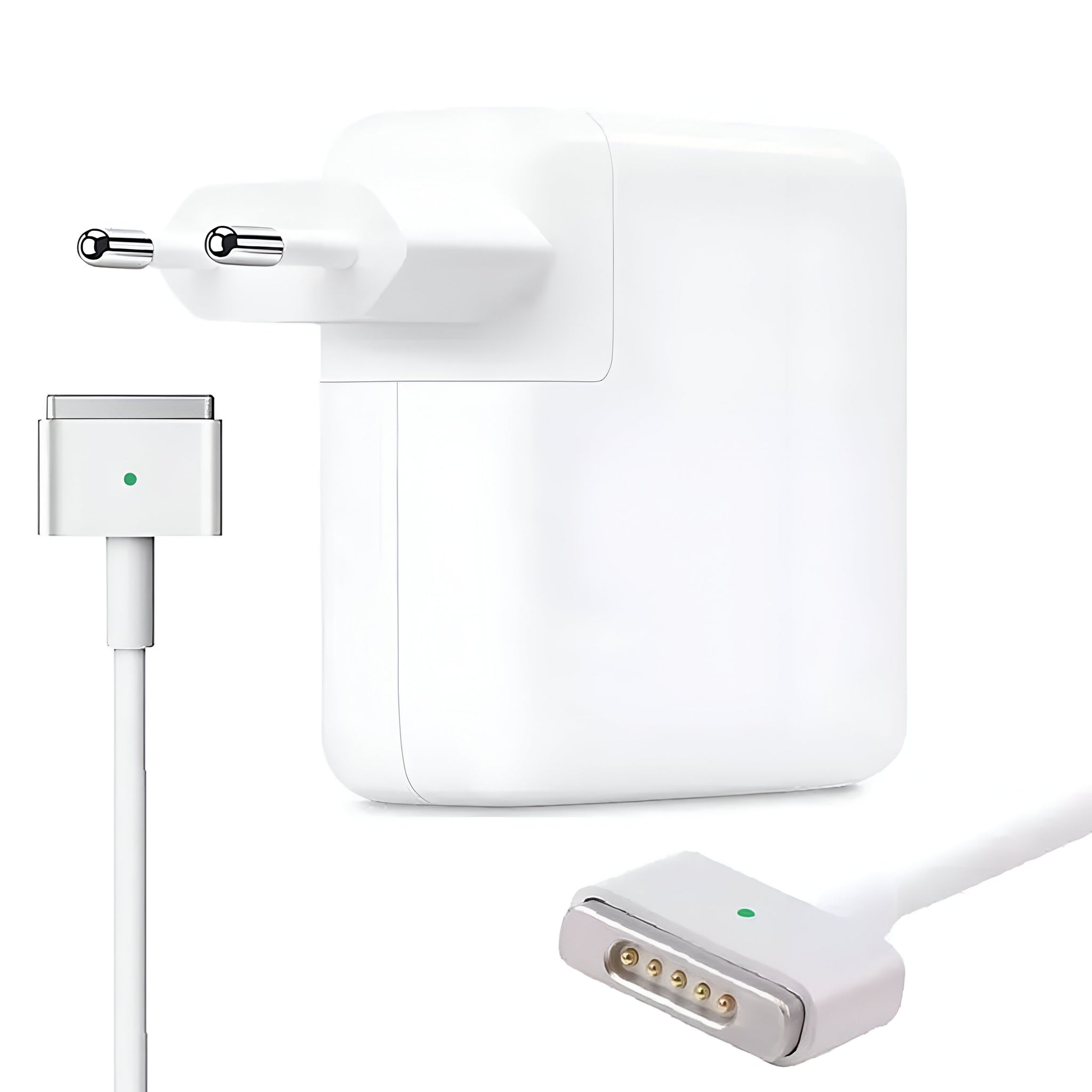 Apple 45W MagSafe 2 T-shape power adapter showing the magnetic T-tip, integrated LED charging light, and cable-wrap base design