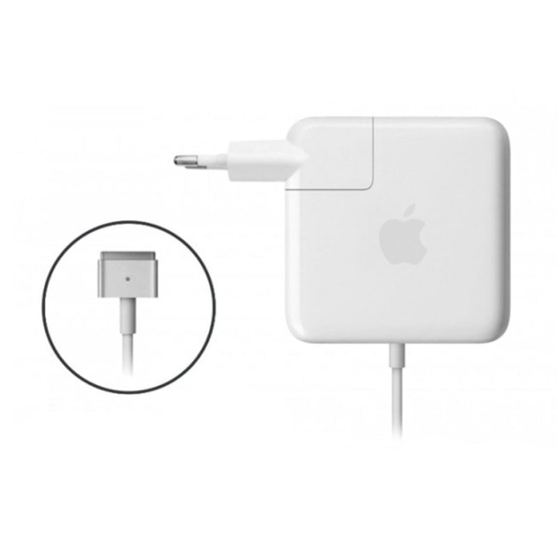 Apple 85W MagSafe 2 T-shape power adapter showing the magnetic T-tip, integrated charging indicator light, and high-conductivity connector interface