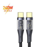 Aspor A153 240W Type-C to Type-C Power Delivery fast charging cable showing its 1.8-meter long braided design, reinforced strain relief joints, and built-in LED light connector tip