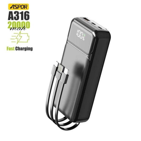 Aspor A316 20000mAh power bank featuring integrated built-in charging cables, 22.5W fast charging USB-A port, and 20W PD Type-C port
