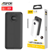 Aspor A320 10000mAh power bank featuring a digital LCD battery display screen, 22.5W USB-A port, and 20W PD Type-C port