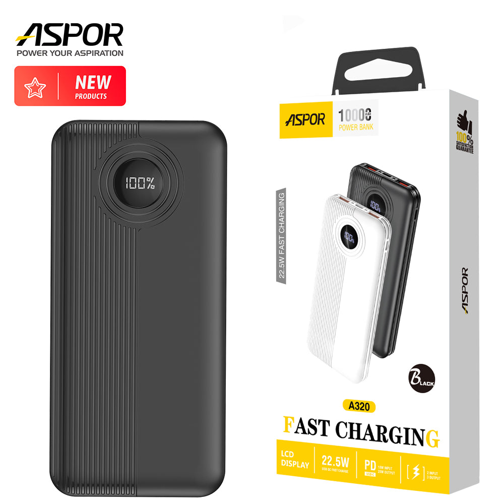 Aspor A320 10000mAh power bank featuring a digital LCD battery display screen, 22.5W USB-A port, and 20W PD Type-C port