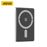 Aspor A381 mini magnetic portable wireless power bank featuring 5000mAh capacity, 15W wireless charging, and PD 20W USB-C port